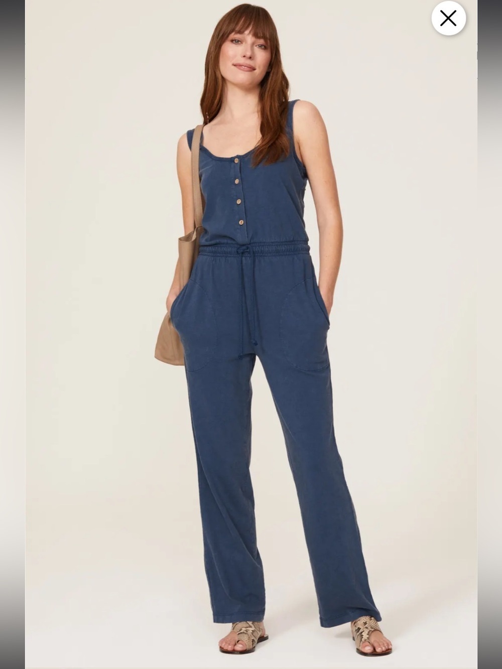 Faherty Terra Jumpsuit Blue Organic Cotton Scoop Neck Drawstring Size Small GUC